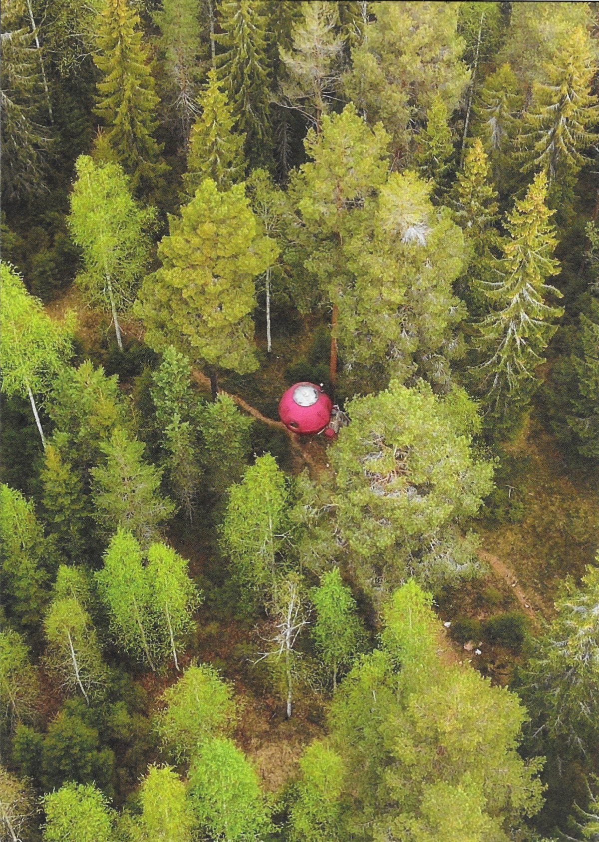 Luchtfoto van de unieke rode boomhut Supermåne, diep verscholen tussen de groene boomtoppen van Näsets Marcusgård in Dalarna.