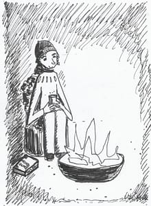 Svartvit illustration av en person som sitter ensam i skogen vid en sprakande lägereld. Personen bär mössa, håller i en varm kopp och har en bok liggande på marken bredvid sig i en harmonisk och avkopplande miljö.