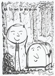 Svartvit illustration av två unika boenden med glada ansikten som vinkar i en djup skog på Näsets Marcusgård. Ovanför dem står veckodagarna måndag till söndag skrivna för hand, vilket symboliserar en flexibel vistelse.